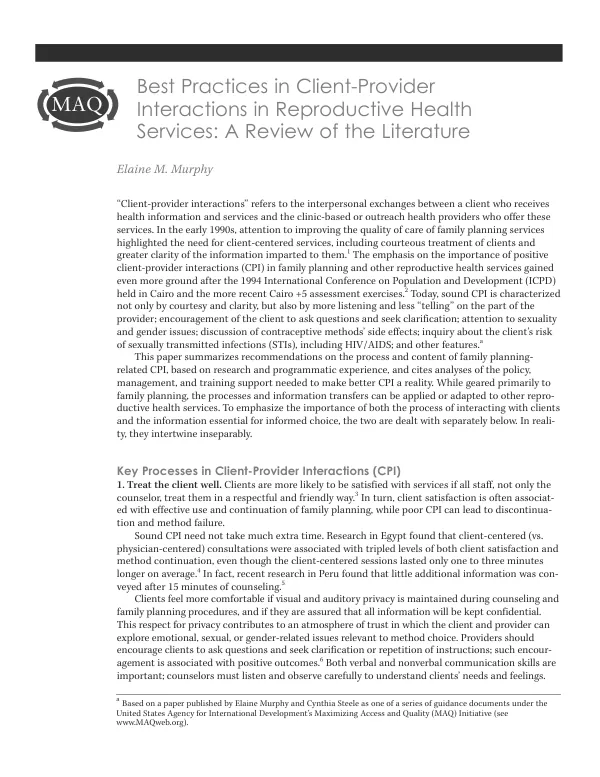 Best practices in client-provider interactions in reproductive health services : a review of the literature