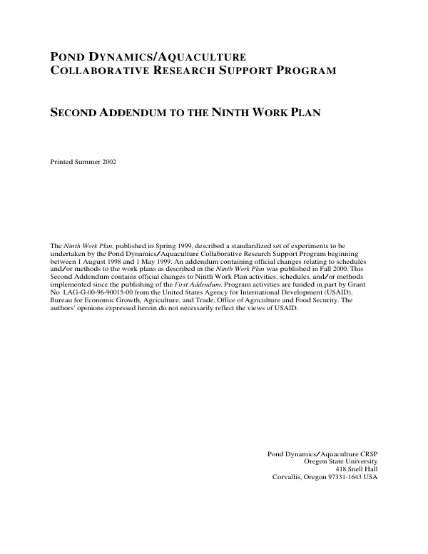 Pond dynamics/acquaculture collaborative research support program : second addendum to the ninth work plan