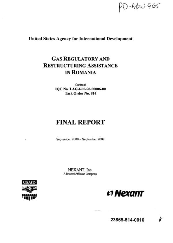 Gas regulatory and restructuring assistance in Romania : final report, [September 2000-September 2002]