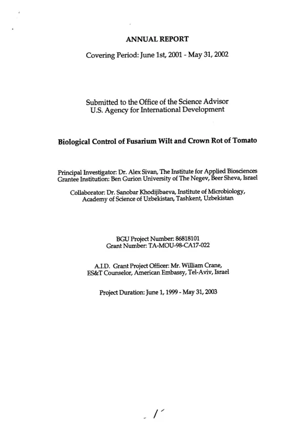 Annual report covering period June 1st, 2001-May 31, 2002 : biological control of fusarium wilt and crown rot of tomato