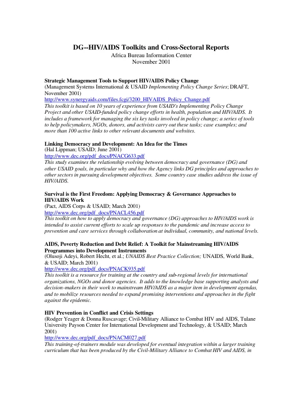 DG--HIV/AIDS toolkits and cross-sectoral reports