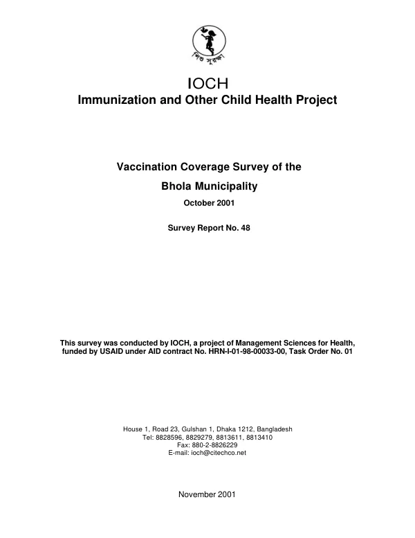 Vaccination coverage survey of the Bhola Municipality, October 2001