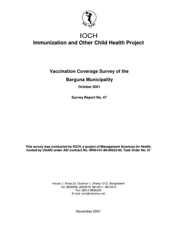 Vaccination coverage survey of the Barguna Municipality, October 2001