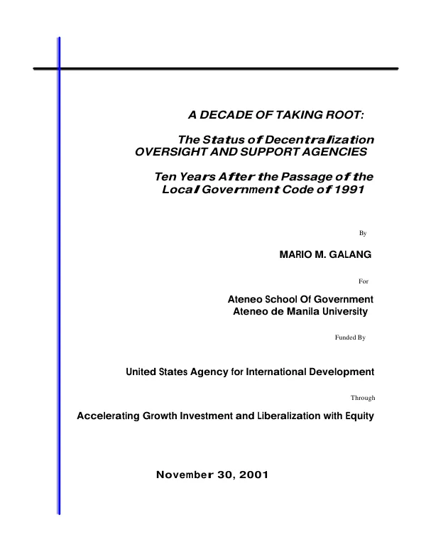 A decade of taking root : the status of decentralization oversight and support agencies ten years after the passage of the Local Government Code of 1991