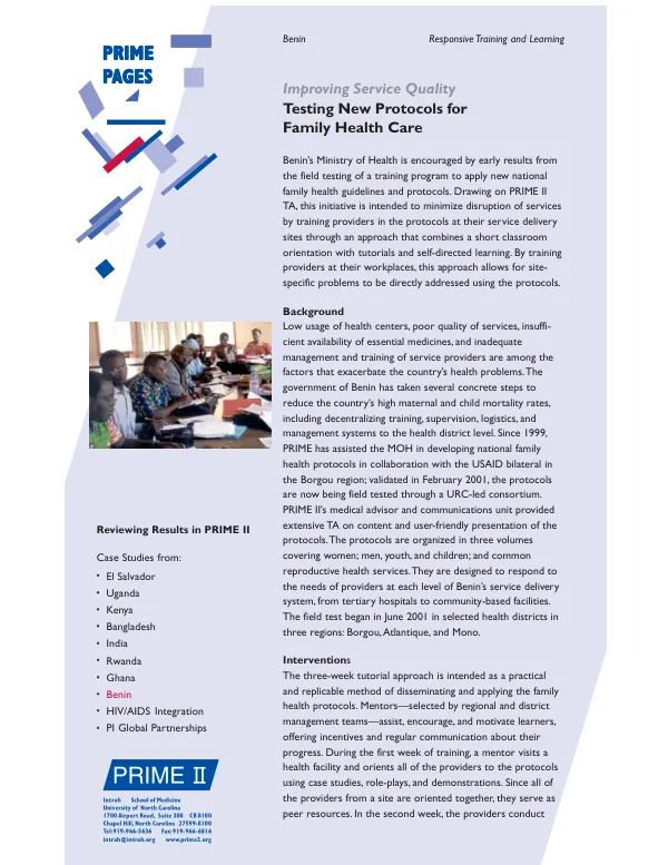 Benin : responsive training and learning -- improving service quality : testing new protocols for family health care