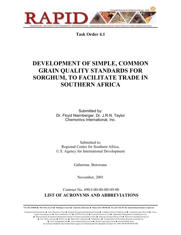 Development of simple, common grain quality standards for sorghum, to facilitate trade in Southern Africa[ : final report]