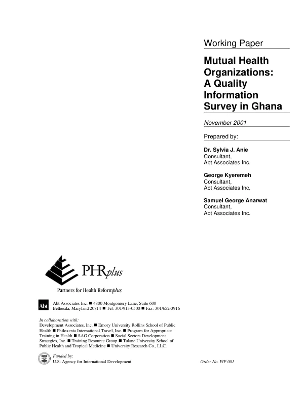 Mutual health organizations : a quality information survey in Ghana