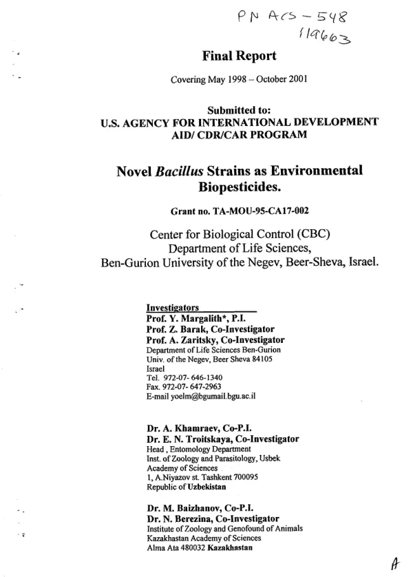 Final report covering May 1998-October 2001 : novel Bacillus strains as environmental biopesticides
