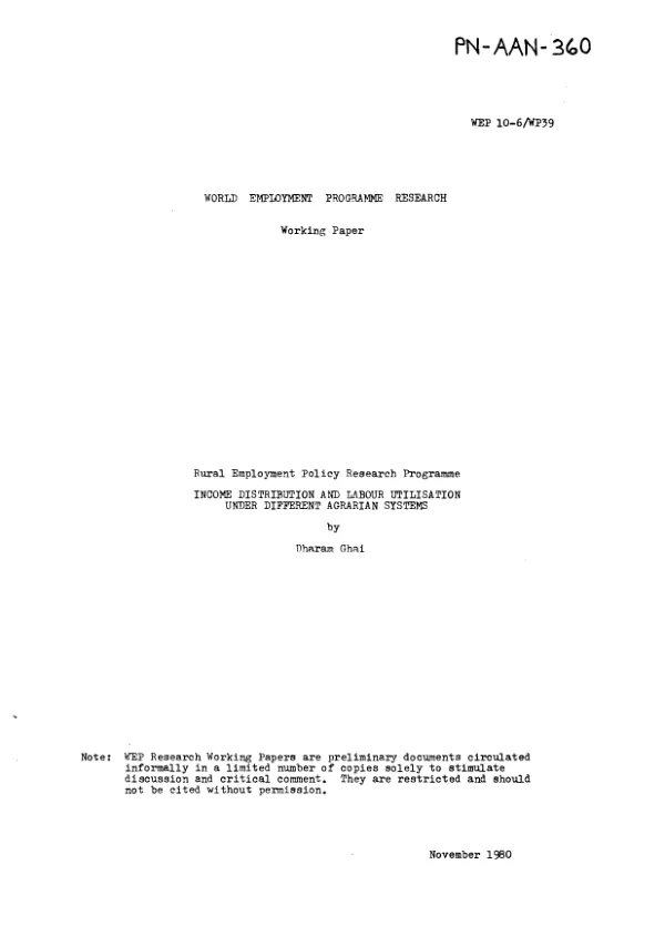 Rural employment policy research programme : income distribution and labour utilisation under different Agrarian systems