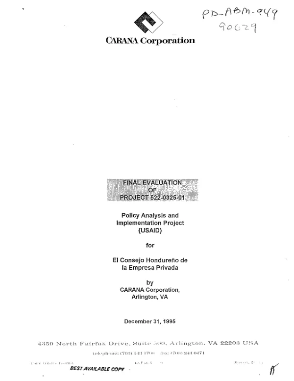Final evaluation of project 522-0325-01 : policy analysis and implementation project