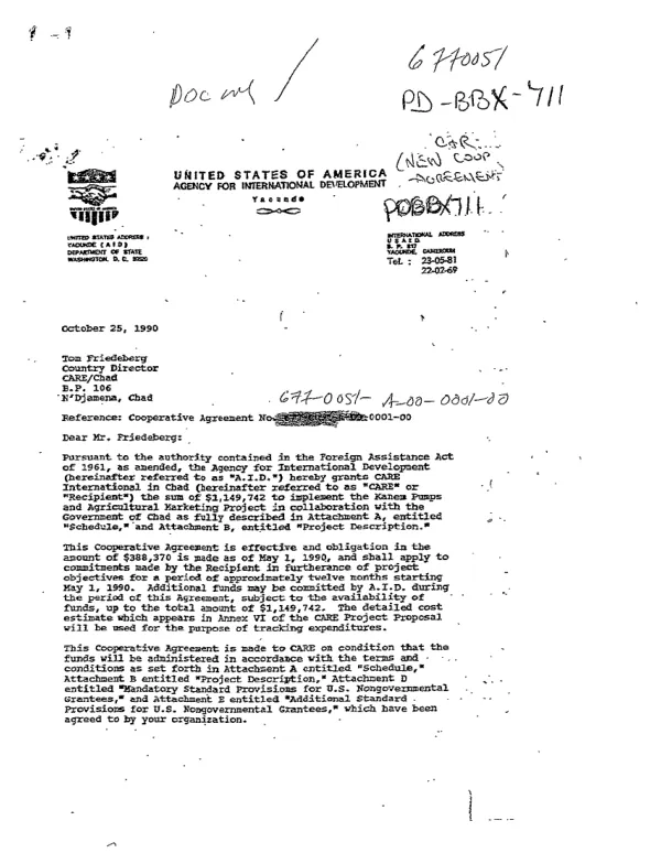 AID cooperative agreement no. 677-0051-A-00-0001-00 with CARE/Chad to implement the Kanem pumps and agricultural marketing project