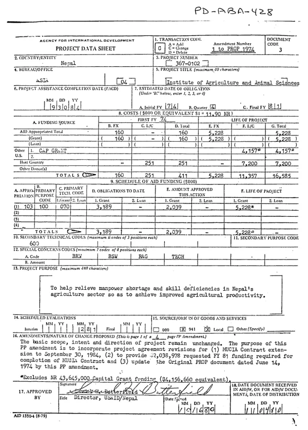 Institute of Agriculture and Animal Sciences : amendment no. 1 (to PROP 1974)