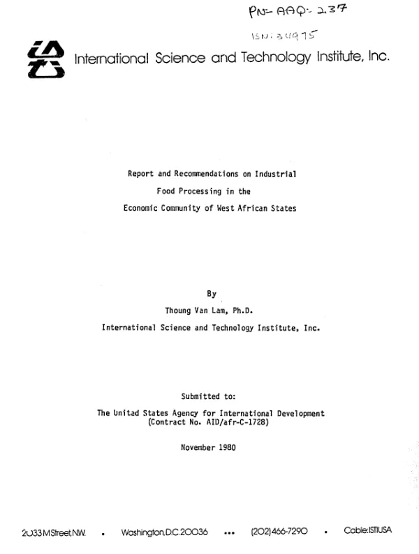 Report and recommendations on industrial food processing in the Economic Community of West African States
