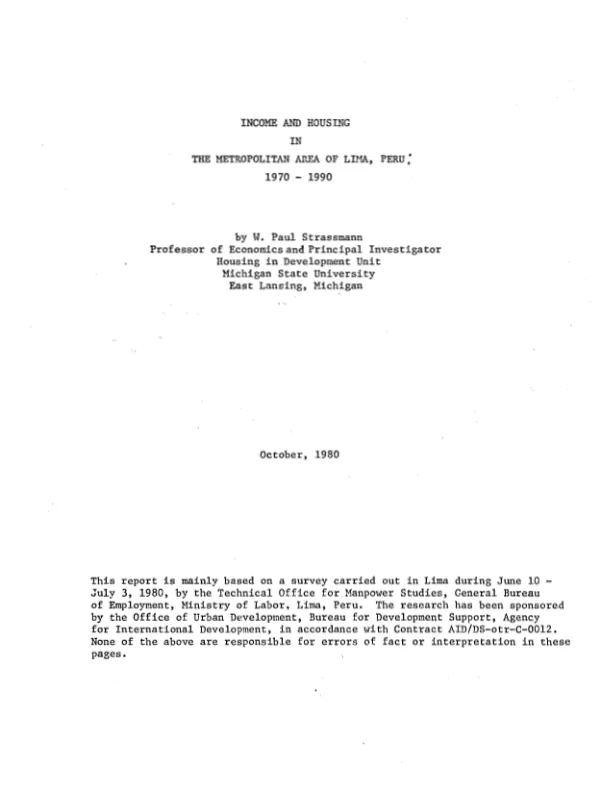 Income and housing in the metropolitan area of Lima, Peru : 1970-1990
