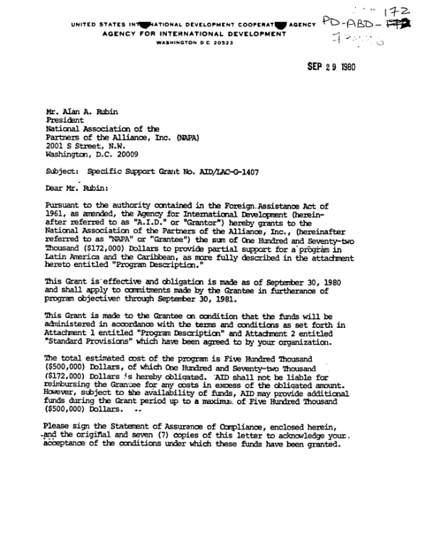 AID specific support grant no. AID/LAC-G-1407 to the National Association of the Partners of the Alliance, Inc. (NAPA) to support and utilize private citizen volunteers through NAPA and affiliated state partnerships in Latin America and the Caribbean