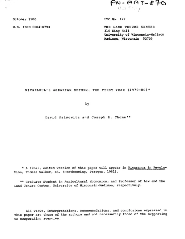 Nicaragua"s agrarian reform : the first year (1979-80)