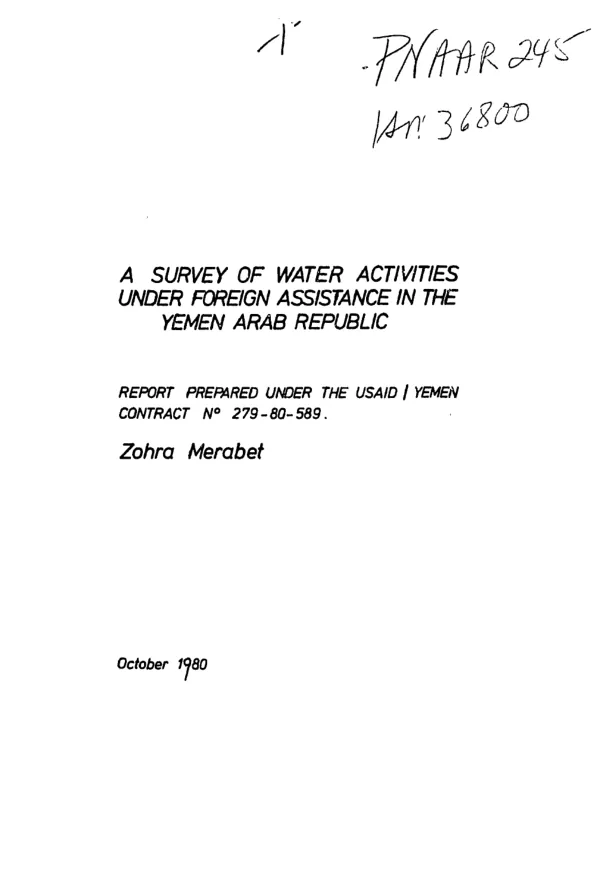 Survey of water activities under foreign assistance in the Yemen Arab Republic