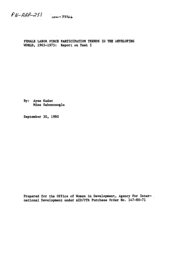 Female labor force participation trends in the developing world, 1965-1975 : report on task I