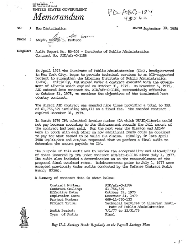 Audit report no. 80-109 : Institute of Public Administration -- contract no. AID/afr-C-1186