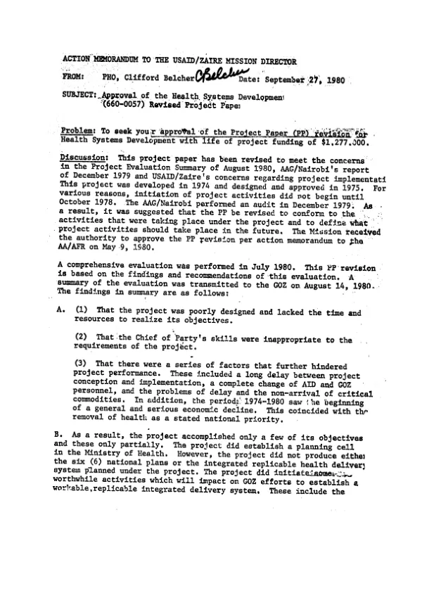 Action memorandum to the USAID/Zaire Mission Director : approval of the health systems development (660-0057) revised project paper