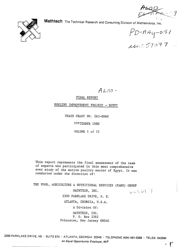 Final report, poultry improvement project - Egypt : USAID grant no. 263-0060, September 1980, volume I of II