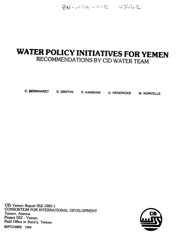 Water policy initiatives for Yemen : recommendations by CID water team
