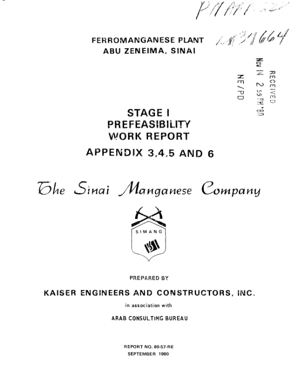 Ferromanganese Plant, Abu Zeneima, Sinai : stage 1 prefeasibility work report, appendix 3,4,5 and 6