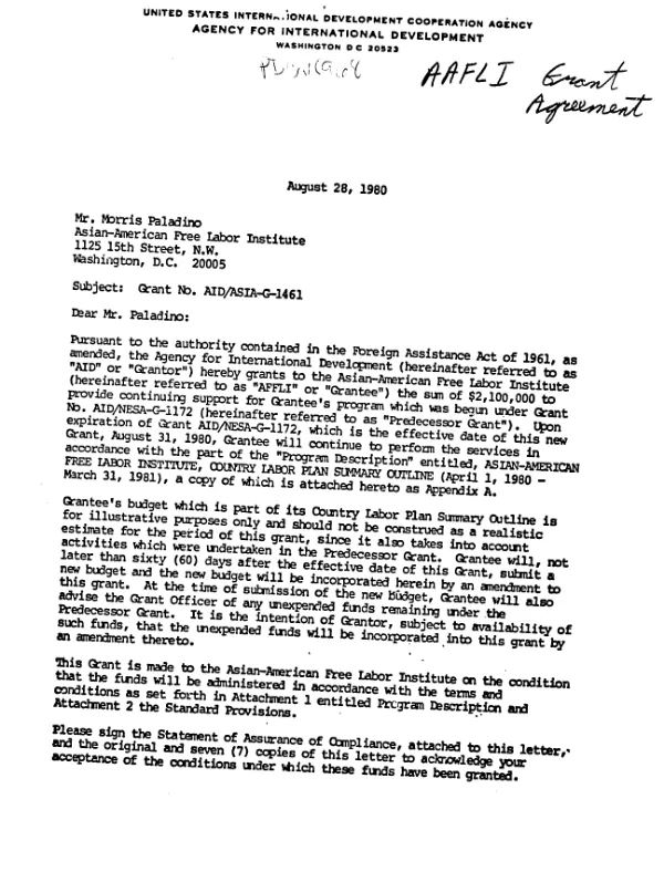 AID grant no. AID/ASIA-G-1461 to the Asian - American Free Labor Institute (AAFLI) to provide support for an AAFLI program directed toward strengthening free and democratic trade unions in the Near East and Asia
