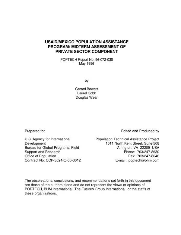 USAID/Mexico population assistance program : midterm assessment of private sector component