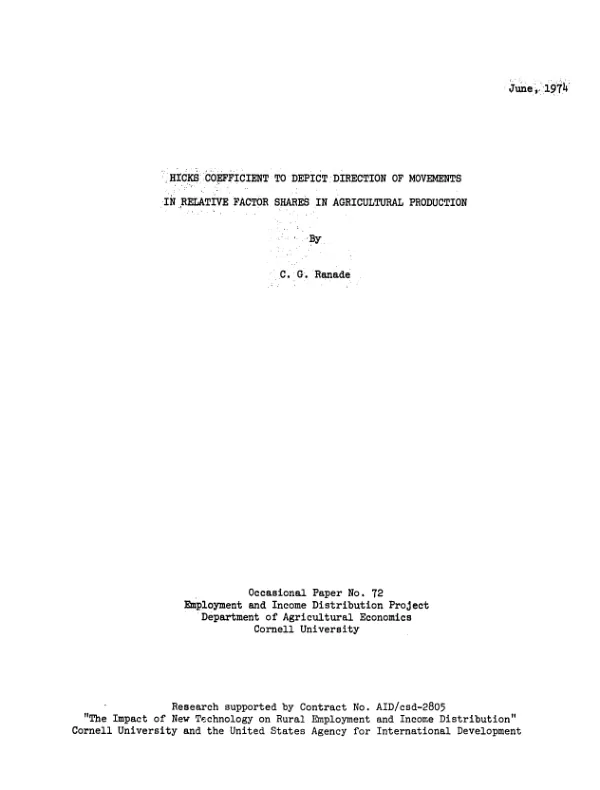 Hicks coefficient to depict direction of movements in relative factor shares in agricultural production