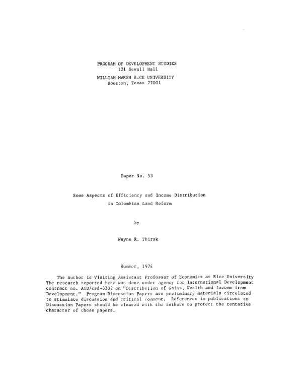 Some aspects of efficiency and income distribution in Colombian land reform