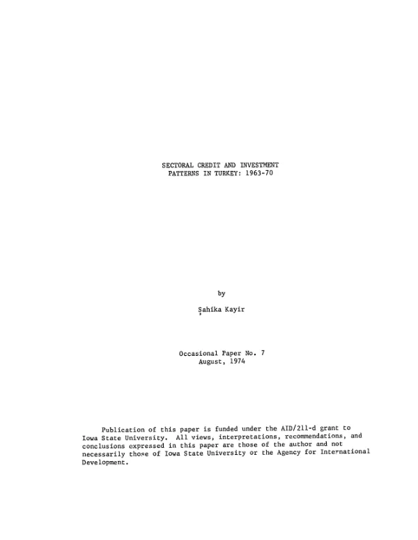 Sectoral credit and investment patterns in Turkey, 1963-1970