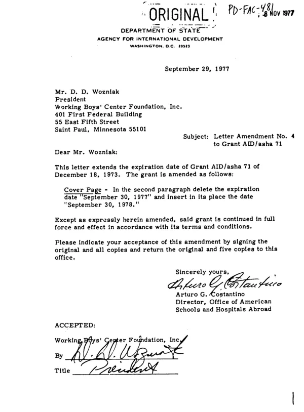 Grant by the United States of America to the Working Boys" Center Foundation, Inc. for the Vocational School of the Christ of the Andes Mission, Ecuador