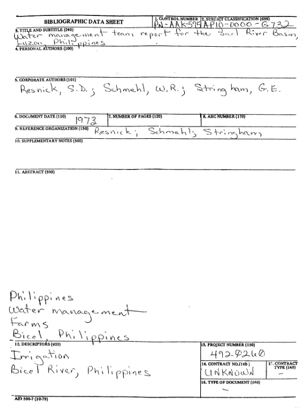 Water management team report for the Bicol River Basin, Luzon, Philippines