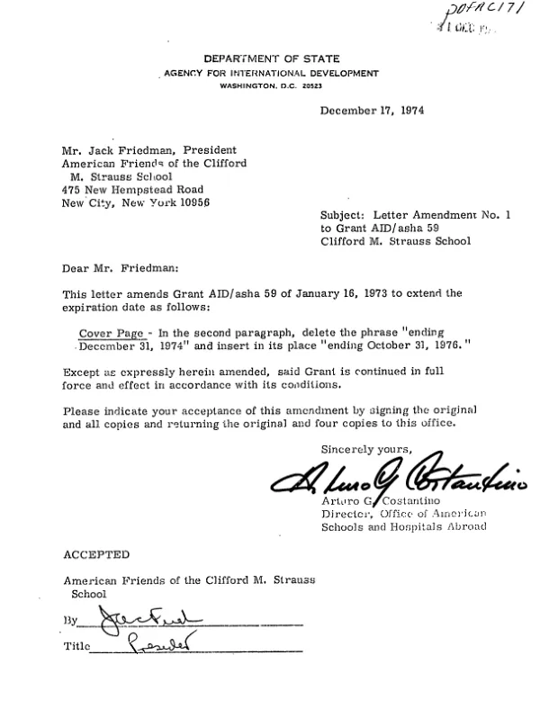 Grant by the United States of America to American Friends of the Clifford M. Strauss School for the Clifford M. Strauss School