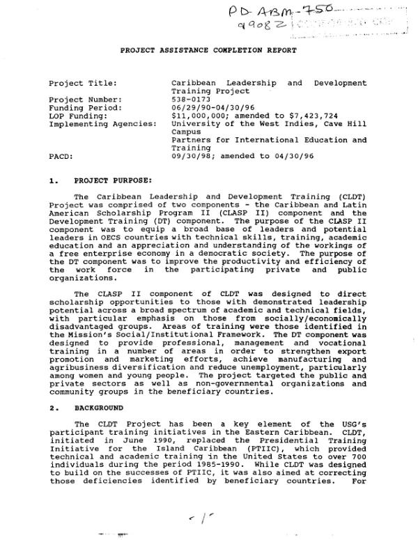 Project assistance completion report : Caribbean leadership and development training project
