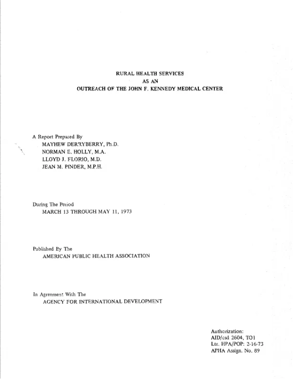 RURAL HEALTH SERVICES AS AN OUTREACH OF THE JOHN F. KENNEDY MEDICAL CENTER
