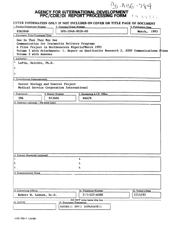 See so that they may see : communication for ivermectin delivery programs -- a pilot project in Northeastern Nigeria -- volume 2, annexes