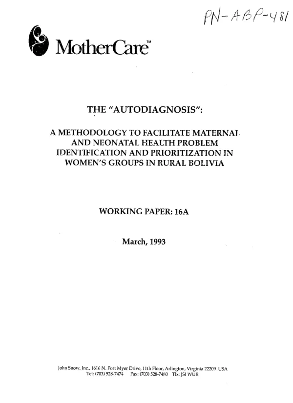 `Autodiagnosis" : a methodology to facilitate maternal and neonatal health problem identification and prioritization in women"s groups in rural Bolivia