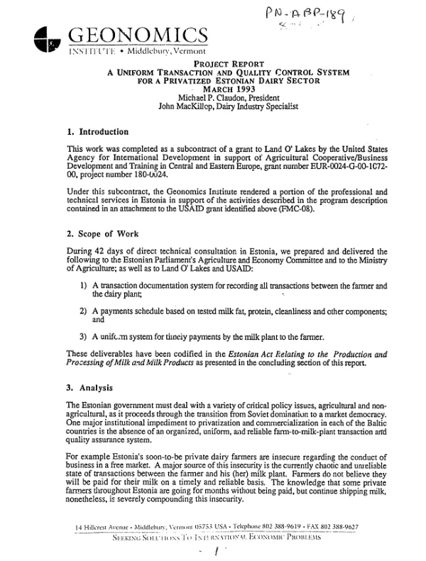 Uniform transaction and quality control system for a privatized Estonian dairy sector