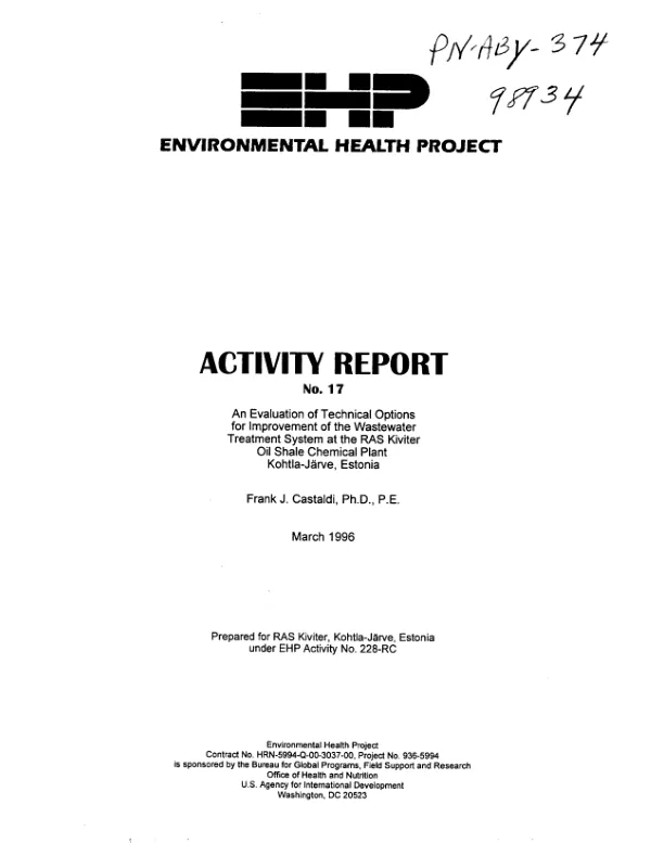 Evaluation of technical options for improvement of the wastewater treatment system at the RAS Kiviter Oil Shale Chemical Plant, Kohtla-Jarve, Estonia