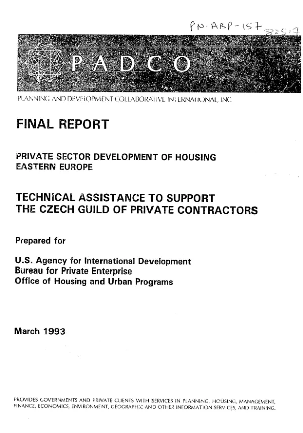 Private sector development of housing, Eastern Europe : technical assistance to support the Czech guild of private contractors