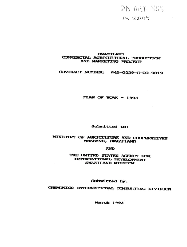 Swaziland commercial agricultural production and marketing project, contract no. 645-0229-C-00-9019 : plan of work - 1993