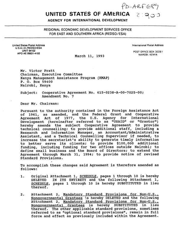 AID cooperative agreement no. 615-0238-A-00-7025-00 with the Kenya Management Assistance Program (KMAP) as part of the private enterprise project : amendment no. 7