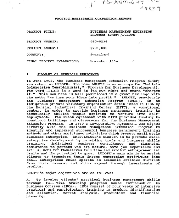 Project assistance completion report : business management extension program (BMEP)/LULOTE [luhlelo lolunotsisa temabhizinisi (program for business development)]