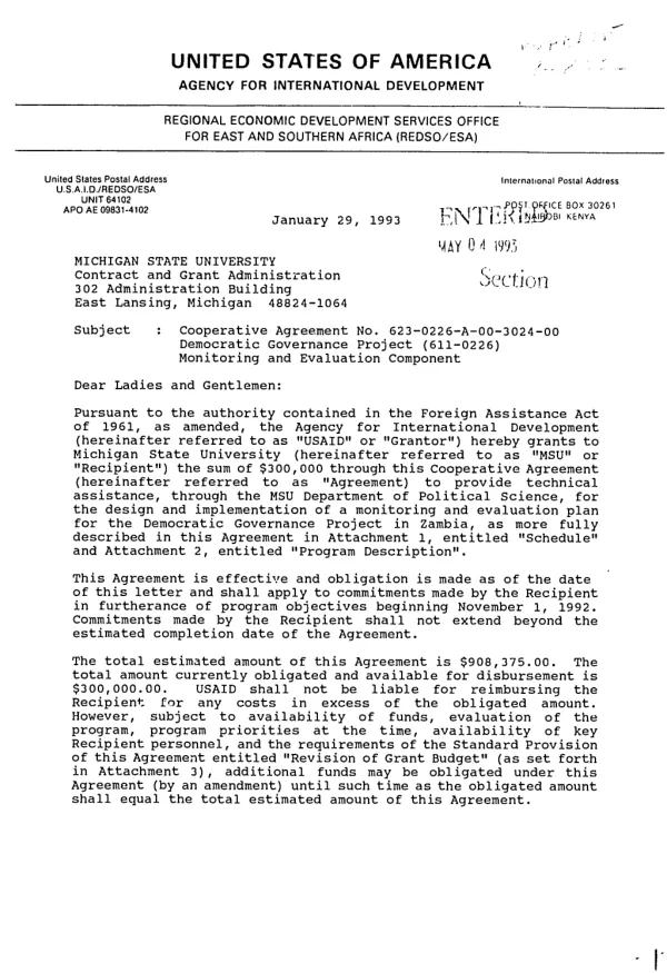 AID cooperative agreement no. 623-0226-A-00-3024-00 to Michigan State University (MSU) to implement the monitoring and evaluation component of the Zambia democratic governance project