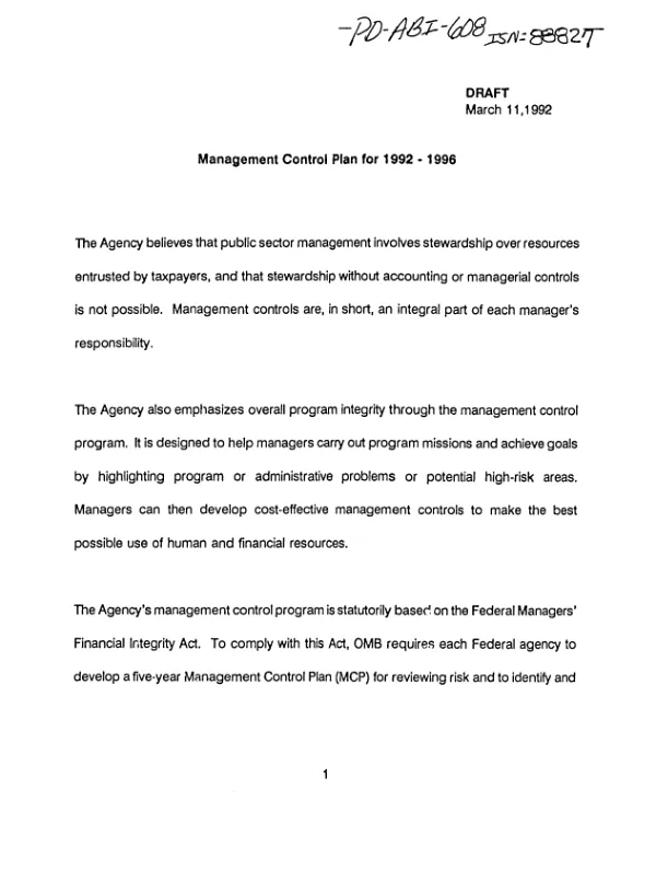 Management control plan for 1992-1996