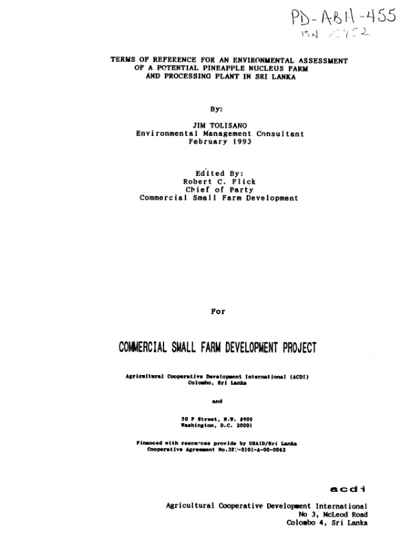 Terms of reference for an environmental assessment of a potential pineapple nucleus farm and processing plant in Sri Lanka