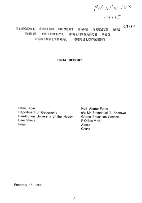 Bi-modal eolian desert sand sheets and their potential significance for agricultural development : final report