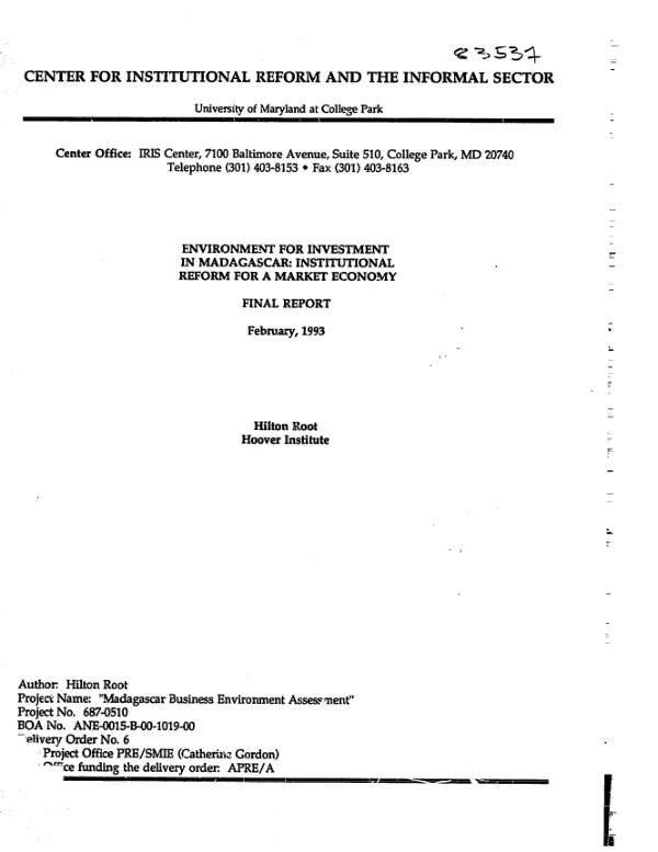 Environment for investment in Madagascar : institutional reform for a market economy -- final report